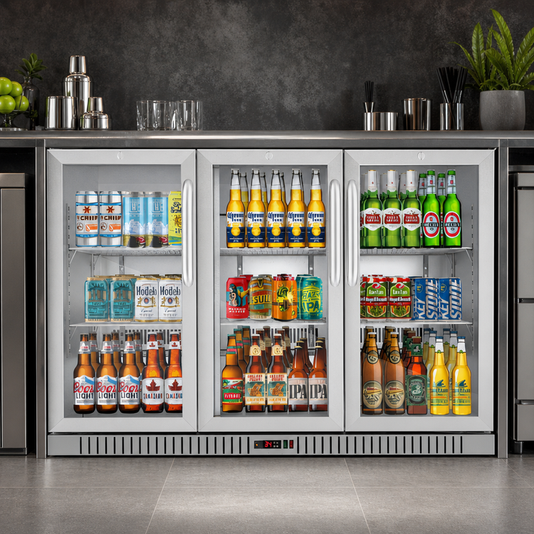 Product image #3 for KoolMore Three-Section Back Bar Refrigerator with 3 Glass Swing Doors, 11.3 Cu. Ft., Stainless Steel