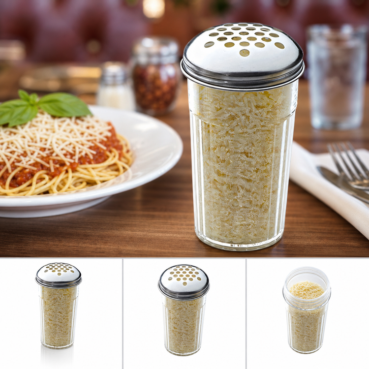 Product image #3 for 12 oz. Clear SAN Plastic Cheese Shaker with Stainless Steel Extra-Large Hole Top