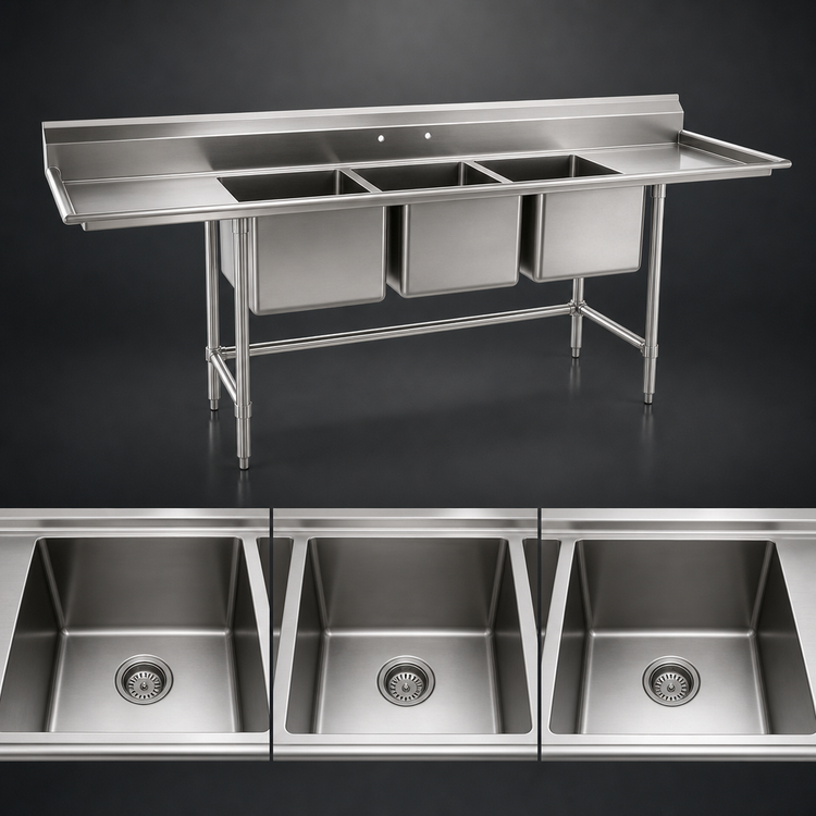 Product image #3 for Eagle Group S16 Series 3-Compartment Commercial Stainless Steel Sink with Left and Right Drainboards, 103-Inch Wide