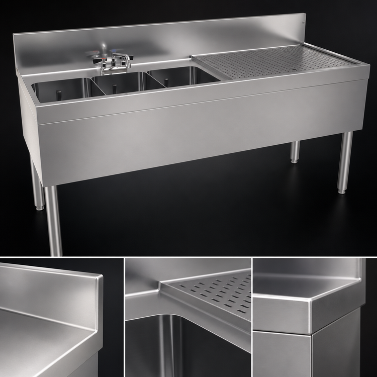 Product image #3 for Glastender Three-Compartment Stainless Steel Underbar Sink Unit with Right Drainboard and Faucet, 66 Inch x 24 Inch