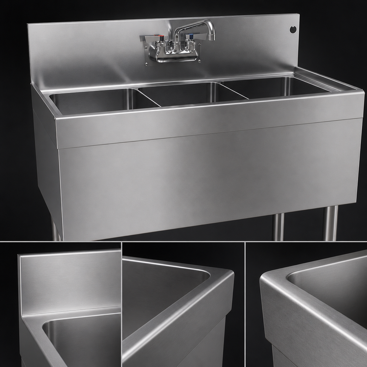 Product image #3 for Glastender Three Compartment Stainless Steel Underbar Sink Unit, 36 Inch W x 19 Inch D, With Splash-Mount Faucet