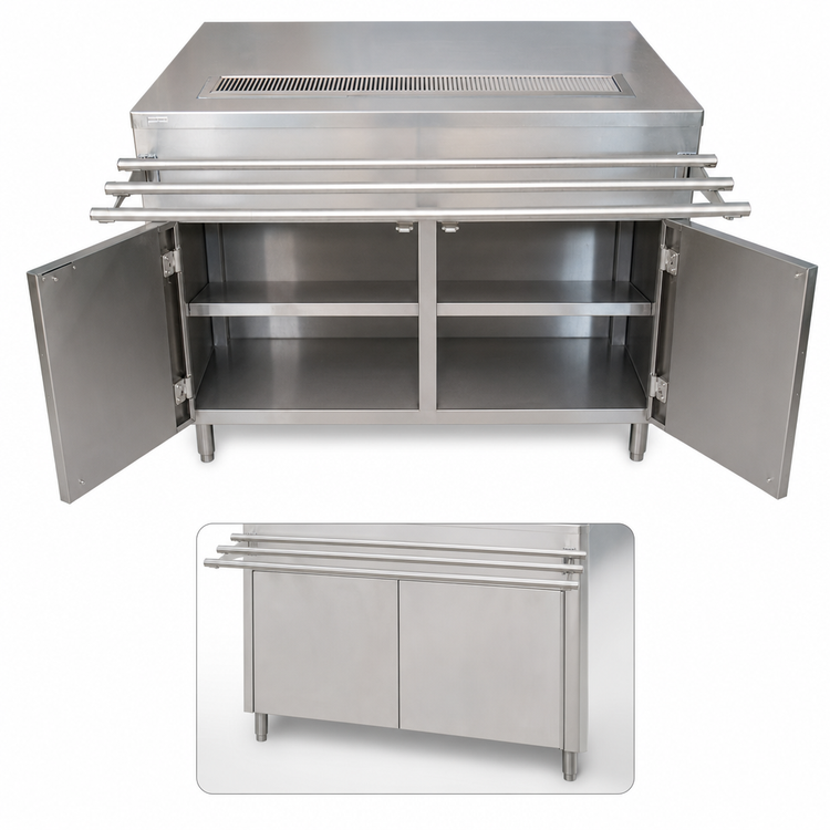Product image #3 for BK Resources Stainless Steel Cashier-Serve Counter with Hinged Doors, Urn Trough, and Drop Shelf, 48"W x 30"D