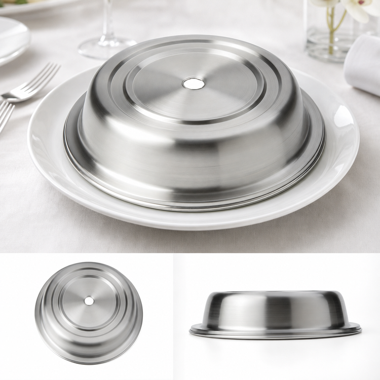 Product image #3 for American Metalcraft Round Stainless Steel Plate Cover with Finger Hole, 10-1/2 to 10-7/8 Inch Diameter