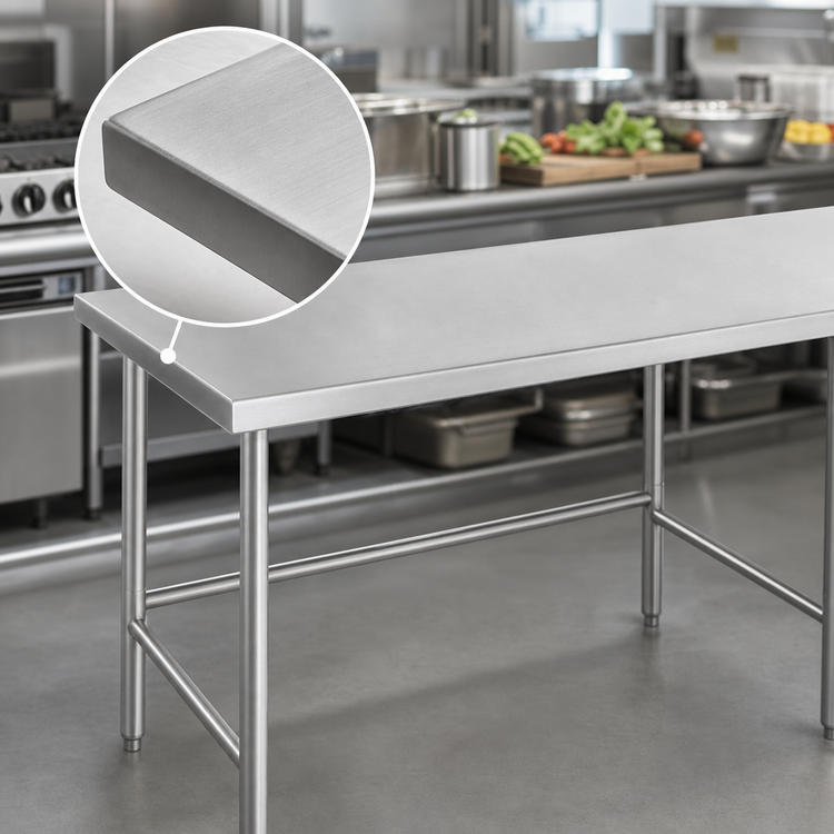 Product image #3 for Advance Tabco 144-Inch x 36-Inch 14-Gauge 304 Stainless Steel Work Table with Galvanized Open Base and Countertop Edge