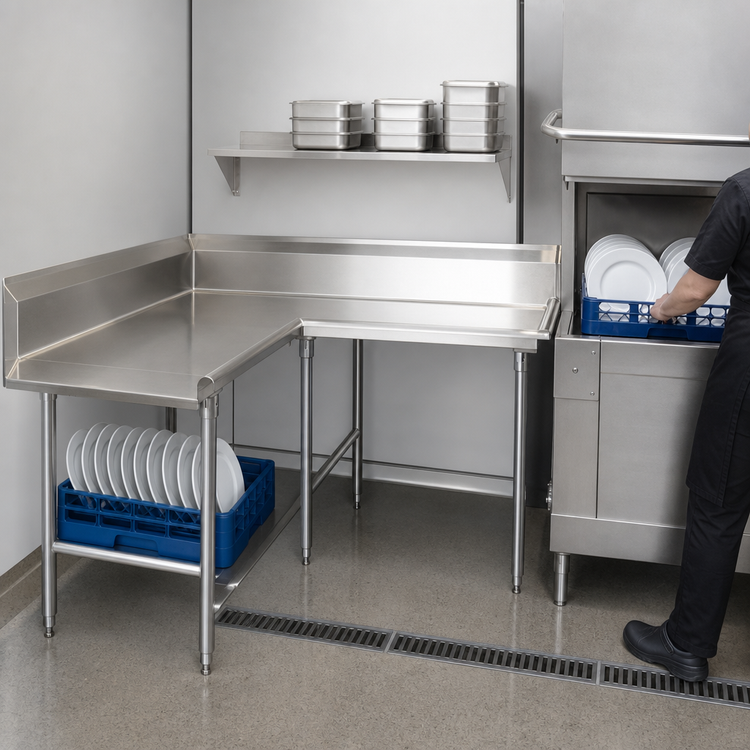Product image #3 for Advance Tabco Korner Clean L-Shaped Left-Hand Dish Table, 95-Inch, 16-Gauge 304 Stainless Steel