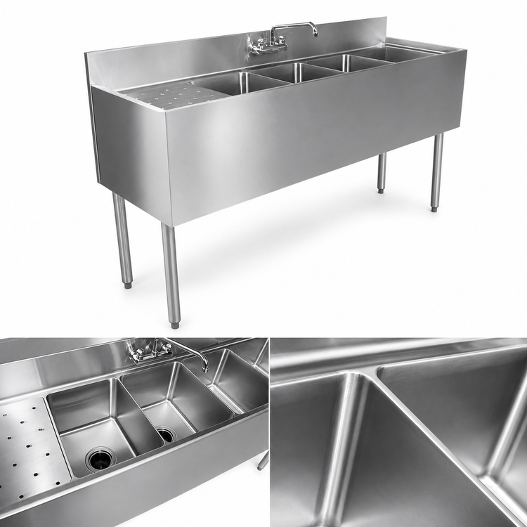 Product image #3 for CHOICE by Glastender Four-Compartment Stainless Steel Underbar Sink Unit with Deck-Mounted Faucet, 48 Inch W x 24 Inch D