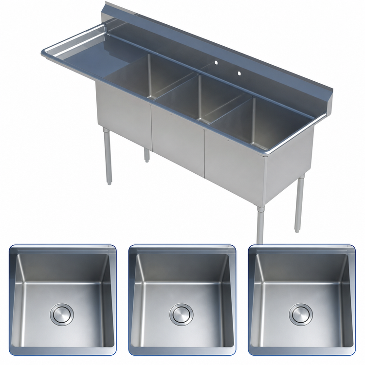 Product image #3 for Sapphire Manufacturing 3-Compartment Commercial Sink with Left Drainboard, 47-1/2-Inch W x 19-1/2-Inch D