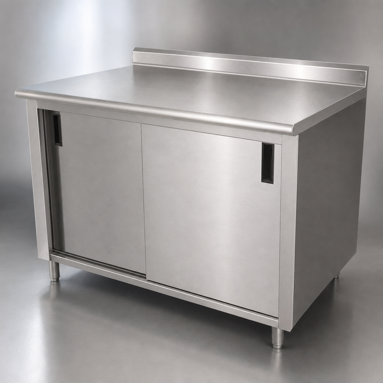 Product image #3 for Advance Tabco 96" x 30" Enclosed Work Table with Cabinet Base, Mid-Shelf, Sliding Doors, 14-Gauge 304 Stainless Steel Top and 1-1/2" Rear Up-Turn