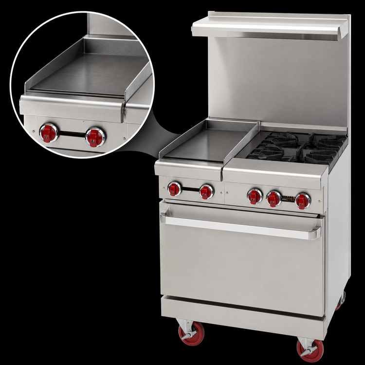 Product image #3 for American Range 24-Inch Green Flame Commercial Gas Range with 12-Inch Left Griddle, 2 Open Burners, and Space Saver Oven