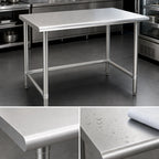 Thumbnail image #3 for Eagle Group Budget Series T3648STB 48" x 36" 430 Stainless Steel Flat-Top Work Table with Open Base, Rolled Edges and Adjustable Feet