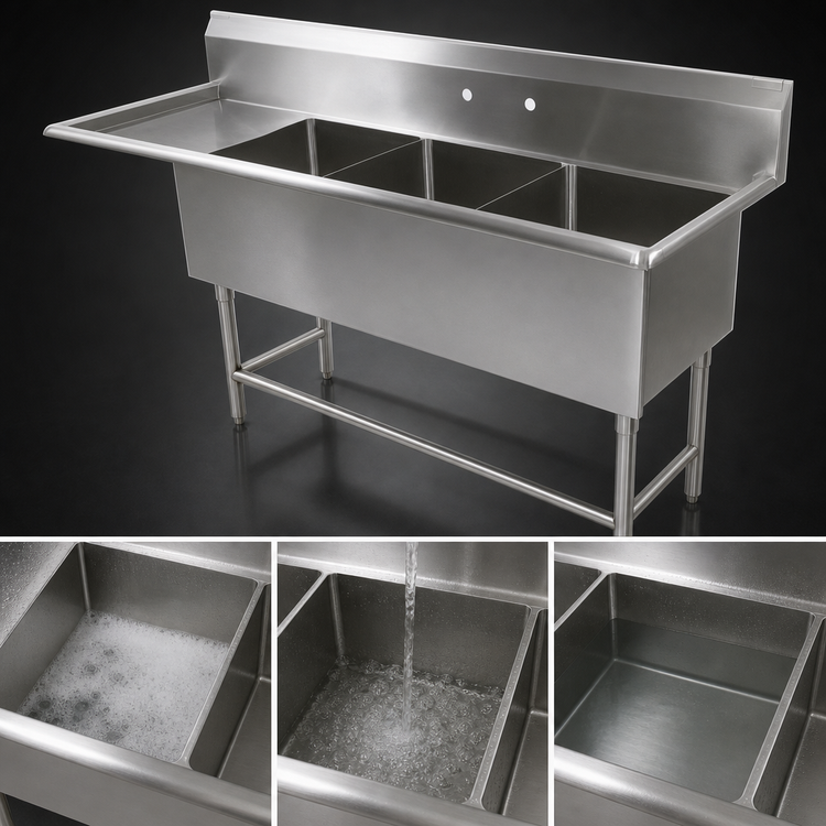 Product image #3 for John Boos Pro-Bowl 3-Compartment Sink with 18-Inch Left Drainboard, 14-Inch Deep Bowls, 16-Gauge Stainless Steel