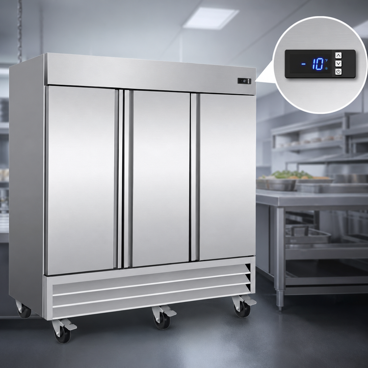 Product image #3 for Serv-Ware RF3-HC 3-Door Reach-In Freezer, 72 Cu. Ft., Self-Contained Bottom Mount, Stainless Steel