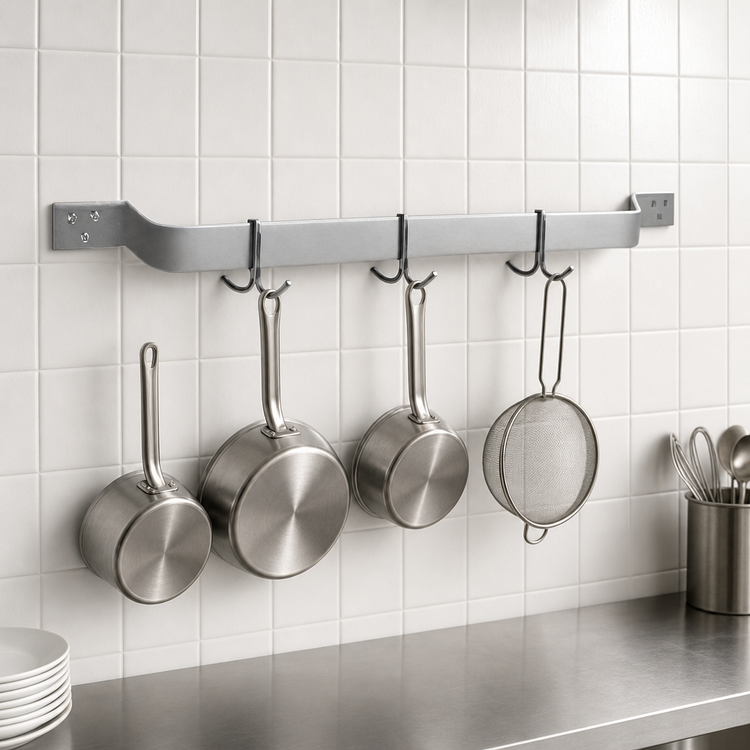 Product image #3 for Eagle Group SBPR-48-A 48-Inch Wall-Mount Single-Bar Aluminum Pot Rack with 4 Double-Prong Hooks