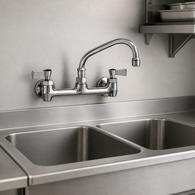Product image #3 for Wall-Mount Brass Commercial Faucet with 14-Inch Swing Spout and Lever Handles