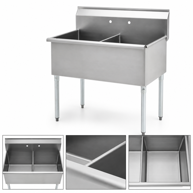 Product image #3 for Eagle Group Two-Compartment Utility Sink, 49-3/8 in W x 28 in D, 16-Gauge 430 Stainless Steel, No Drainboards, with Galvanized Legs