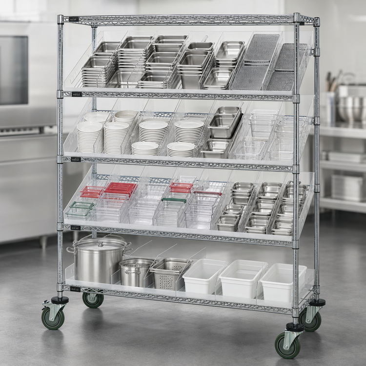 Product image #3 for Quantum Slanted Shelf Cart with 28 Clear Bins, 1,200 lb. Capacity, Chrome-Plated Finish