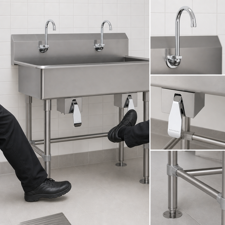 Product image #3 for Advance Tabco 40-Inch Two-Station Freestanding Knee Operated Hand Sink, 14 Gauge 304 Stainless Steel