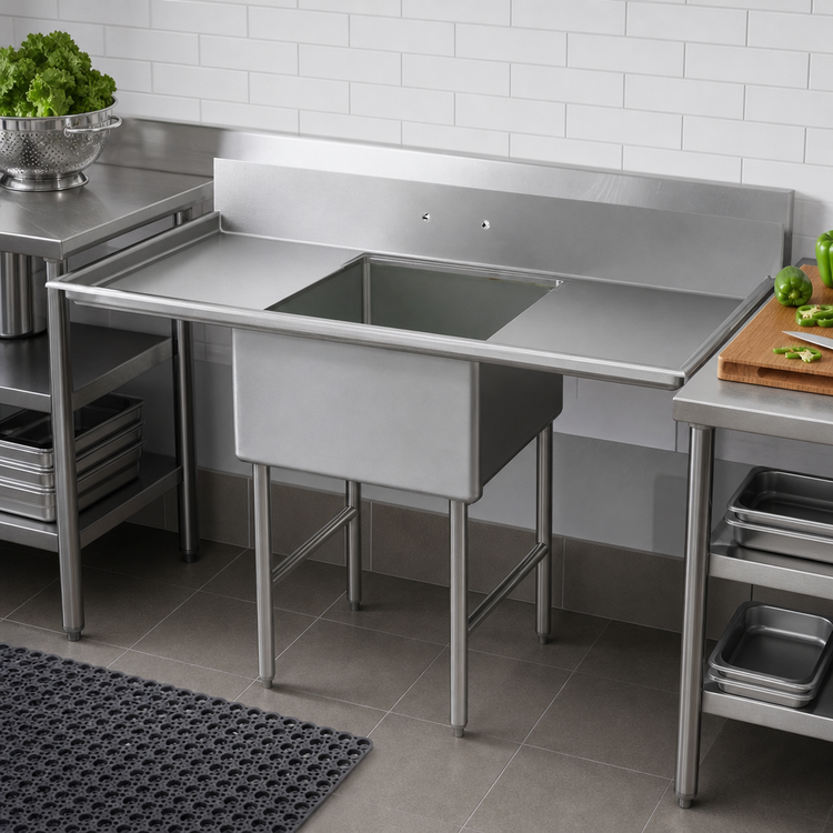 Product image #3 for BK Resources One Compartment Double Drainboard Stainless Steel Sink with 16 x 20 x 14 Bowl, 55-1/4 Inch Wide