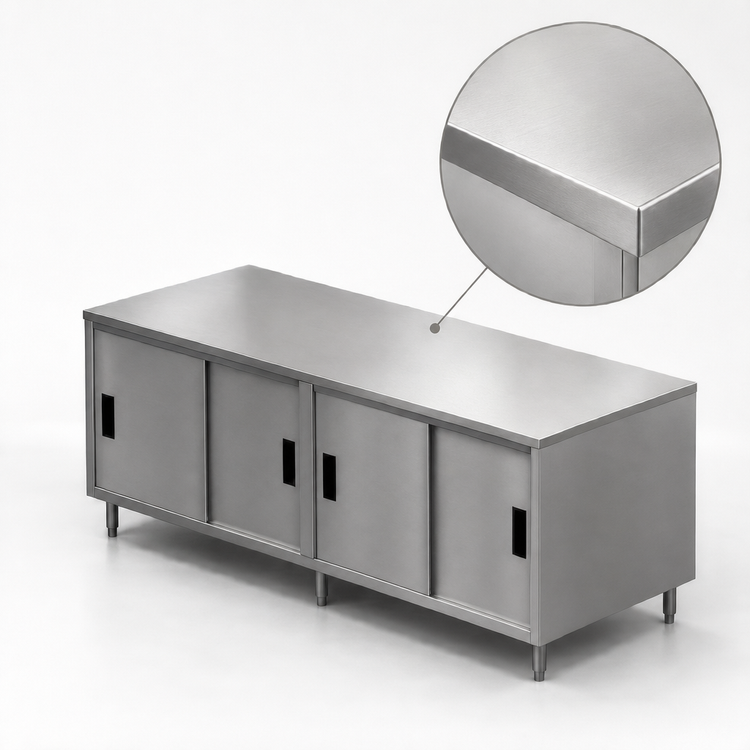 Product image #3 for BK Resources Chef Table with Cabinet Base and Sliding Doors, 120 x 30 x 34-3/4 Inches, 304 Stainless Steel Top