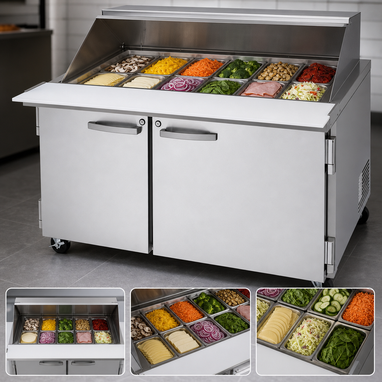 Product image #3 for Turbo Air PRO Series Two-Section Mega Top Sandwich/Salad Prep Table with Slide Lid and Rear-Mounted Self-Contained Refrigeration