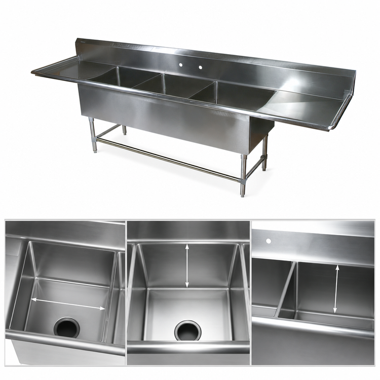 Product image #3 for John Boos Pro-Bowl 3-Compartment Stainless Steel Sink with Left and Right Drainboards