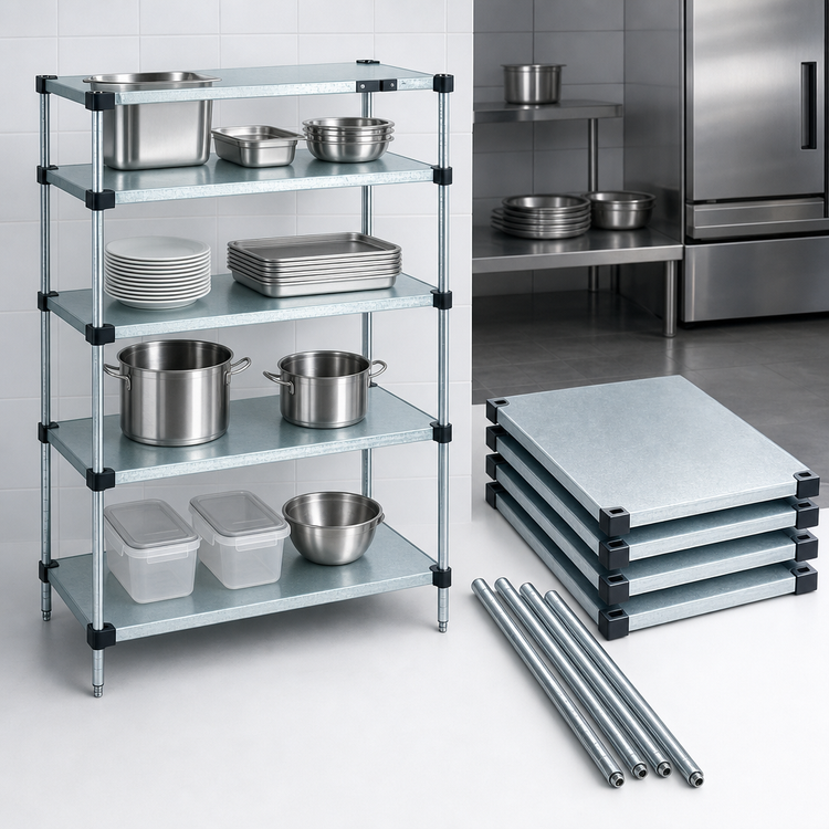 Product image #3 for Quantum 48" x 21" x 54" Solid Shelving Starter Kit with 4 Shelves, Galvanized Steel Shelves and Chrome Posts