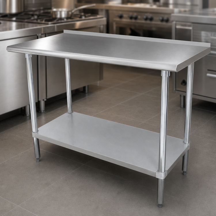 Product image #3 for Advance Tabco 48 Inch x 36 Inch 16-Gauge 430 Stainless Steel Work Table with Adjustable Undershelf and 1-1/2 Inch Rear Up-Turn