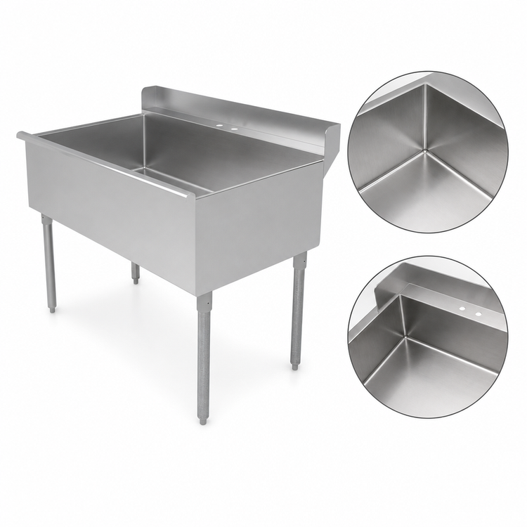 Product image #3 for Advance Tabco Square Corner Single-Compartment Scullery Sink, 48 x 24 Inch Bowl, 4-1/2 Inch Rear Deck, 430 Stainless Steel