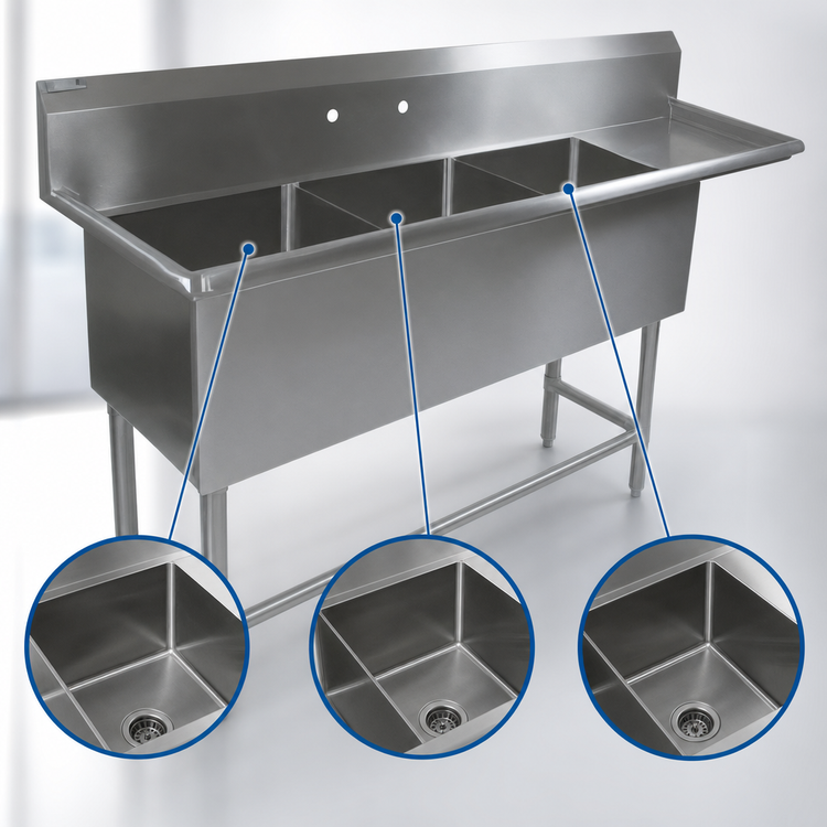Product image #3 for John Boos Pro-Bowl 3-Compartment Sink with 30" Right Drainboard, 20" x 20" x 14" Bowls, 16-Gauge Stainless Steel
