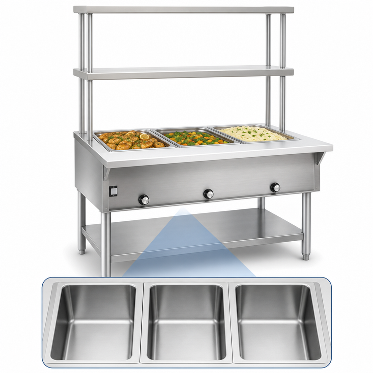 Product image #3 for Eagle Group DHT3-120-FM 48-Inch 120V Electric Open Base Hot Food Table with 3 Dry Wells and Double-Tier Flex-Master Overshelves