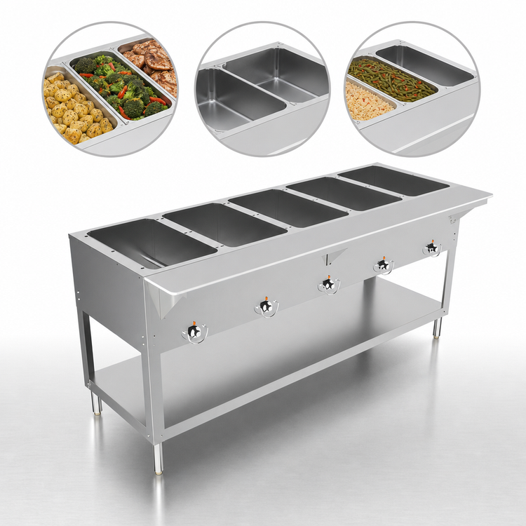Product image #3 for BK Resources Electric 5-Pan Open Well Steam Table with Cutting Board Shelf and Undershelf