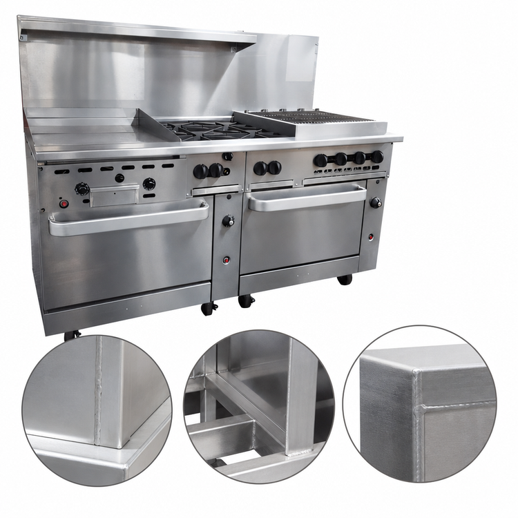 Product image #3 for Vulcan Endurance 72-Inch Gas Restaurant Range with 24-Inch Manual Griddle, 4 Open Burners, 24-Inch Charbroiler, and 2 Standard Ovens