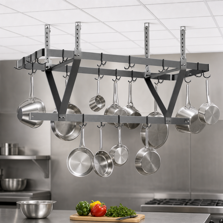 Product image #3 for Eagle Group Ceiling-Mounted Triple-Bar Stainless Steel Pot Rack with 15 Hooks, 52 x 20 x 18 Inches