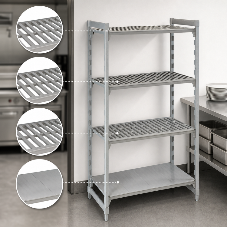 Product image #4 for Cambro Camshelving Premium 72" x 24" x 64" Stationary Starter Unit, 4-Tier 3 Vented + 1 Solid Polymer Shelving