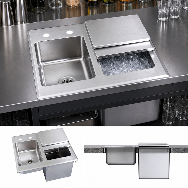 Product image #3 for BK Resources Drop-In Ice Bin with Sink, Right-Side Bin, Sliding Lid, Stainless Steel, 21 x 18 Inches