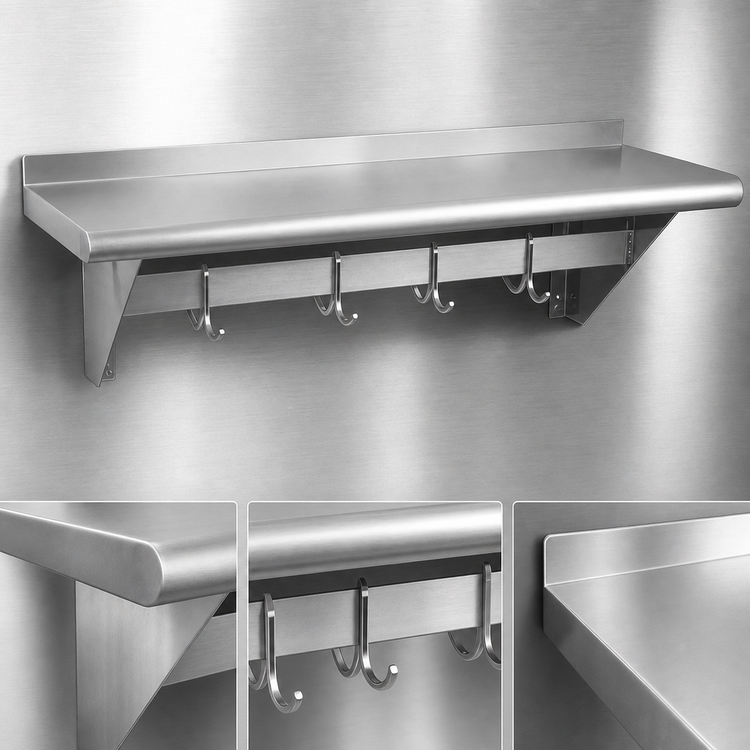 Product image #3 for Steel Works Stainless 60-Inch Wall Shelf with Pot Rack, 304 Stainless Steel, 5 Hooks