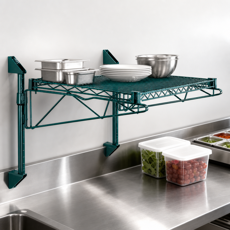 Product image #3 for Quantum Cantilever Single Shelf Post Wall Mount Wire Shelving Unit, 60 x 18 Inches, Green Epoxy Antimicrobial Finish