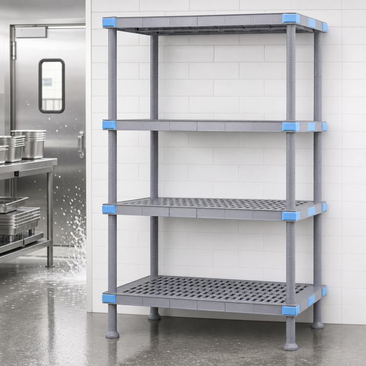 Product image #3 for Quantum Millenia 60"W x 21"D x 50"H All-Polymer Shelving Unit with 4 Open Grid Shelves and Dunnage Stand