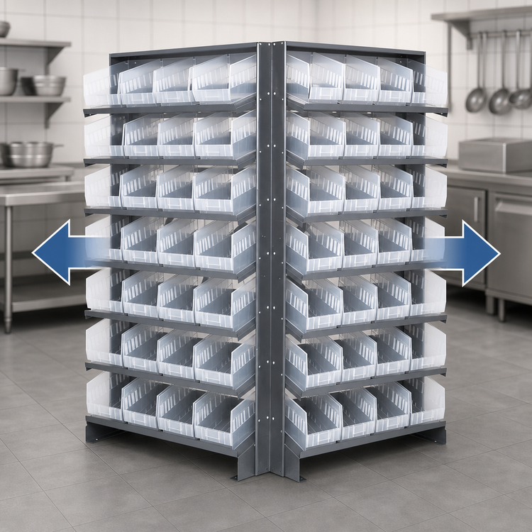 Product image #3 for Quantum 36 x 36 x 63-1/2 Inch Double-Sided Sloped Pick Rack with 64 Clear Bins