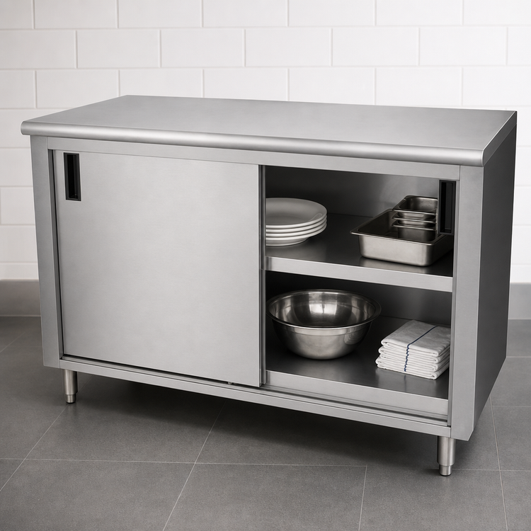 Product image #3 for Advance Tabco 84" x 36" Enclosed Work Table with Cabinet Base and Sliding Doors, 14-Gauge 304 Stainless Steel Top