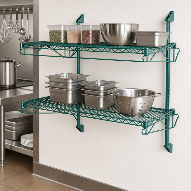 Product image #3 for Quantum Wall-Mount Cantilever Double Shelf Wire Shelving Unit, 30 x 24 Inches, Green Epoxy Antimicrobial Finish