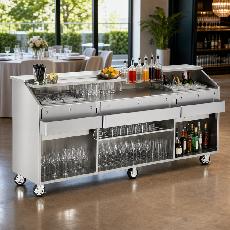 Product image #3 for FWE SCB-8 95-Inch Mobile Stainless Steel Beverage Service Bar with Ice Bins and Underbar Server
