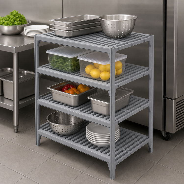 Product image #4 for Cambro Camshelving Premium 24" W x 21" D 4-Shelf Vented Polymer Shelf Kit, Speckled Gray