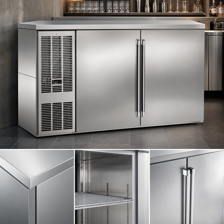 Product image #3 for 60-Inch Two-Section Self-Contained Back Bar Refrigerator with Stainless Steel Exterior and Solid Hinged Doors