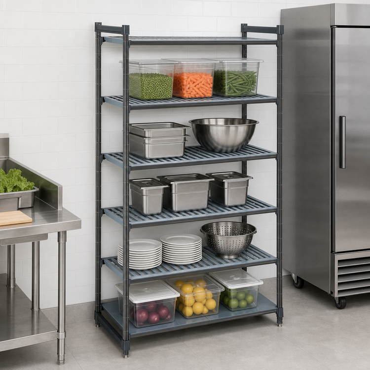 Product image #3 for Cambro Camshelving Basics Plus 5-Tier Stationary Starter Unit, 21 x 42 x 84 Inches, Mixed Vented and Solid Shelves, Brushed Graphite