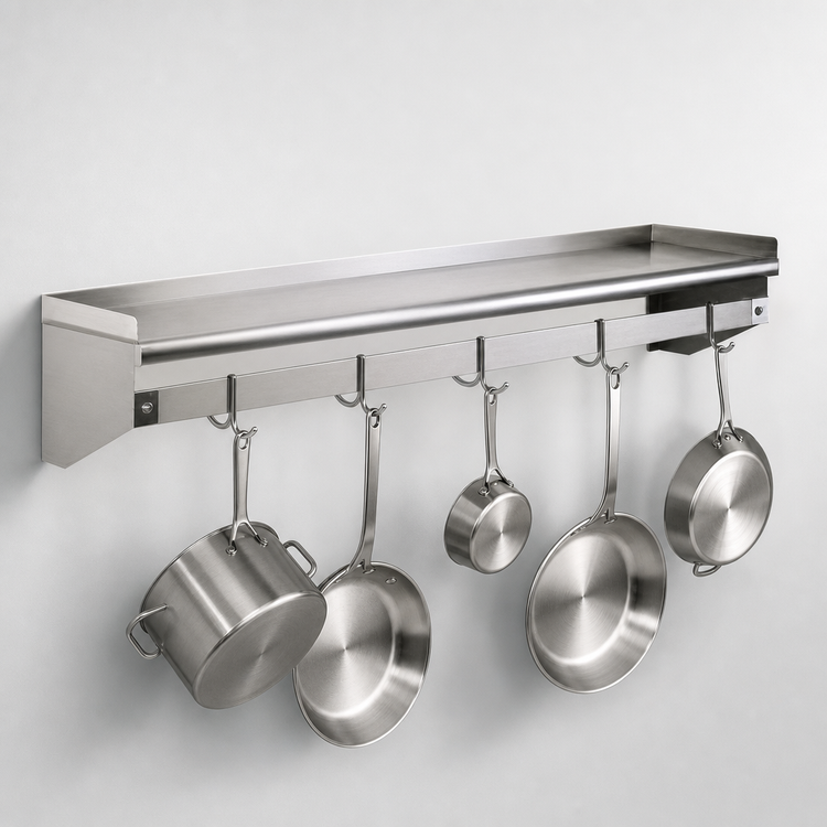Product image #3 for Eagle Group 144-Inch Wall-Mounted Stainless Steel Wall Shelf with Pot Rack and 12 Hooks