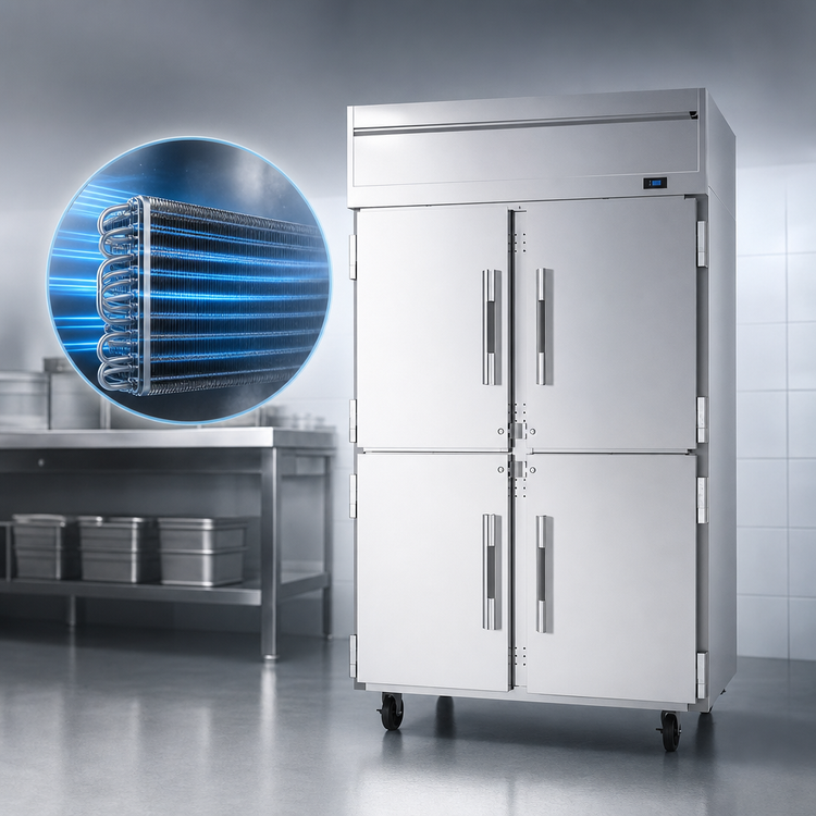 Product image #3 for Victory Elite™ V-Core™ 52-Inch Two-Section Reach-In Freezer with Four Half-Height Solid Doors, 45.2 Cu. Ft., Top-Mounted Self-Contained Refrigeration