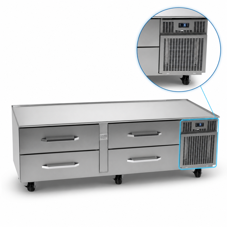 Product image #3 for Randell Two-Section Self-Contained Refrigerated Chef Base Equipment Stand with 4 Drawers, 72 Inch W, Right-Side Compressor