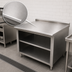 Thumbnail image #3 for Advance Tabco 48 Inch x 36 Inch 14 Gauge 304 Stainless Steel Work Table with Open Front Cabinet Base, Mid-Shelf, and 1-1/2 Inch Rear Up-Turn