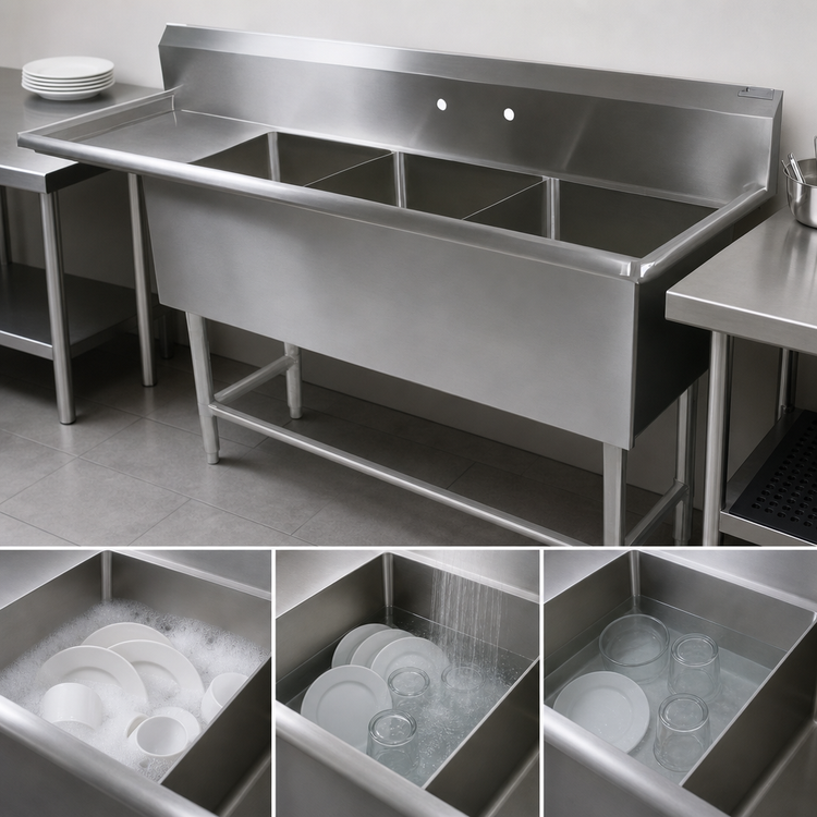 Product image #3 for John Boos Pro-Bowl 3-Compartment Sink with Left Drainboard, 20 x 20 x 12 Inch Bowls, 24 Inch Drainboard, 16-Gauge Stainless Steel